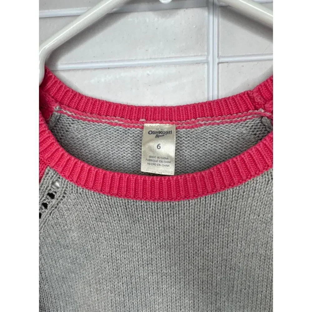 OshKosh B'gosh Sweater Kids Size 6 Gray & Dark Pink 100% Cotton Eyelet Stitching